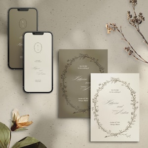 Könnte beinhalten: Eine Hochzeitseinladungssuite mit zwei Smartphones und zwei Karten. Die Karten und Telefonbildschirme zeigen den Text "Katherine and Andrew" in einem floralen Kranz. Die Farbpalette ist neutral mit Beige- und Brauntönen.