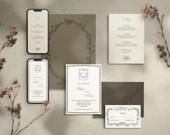 Könnte beinhalten: Elegantes Hochzeitsbriefpapier-Set mit Einladungen, RSVP-Karten und Menükarten. Das Design umfasst florale Akzente und eine neutrale Farbpalette. Zwei Smartphones zeigen die Menü- und Einladungsdetails. Das Set enthält einen Umschlag und eine große Karte mit einem floralen Kranz.