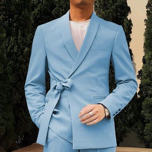 Sky Blue Double Breasted Suit: Tailored Wedding Groom Suit