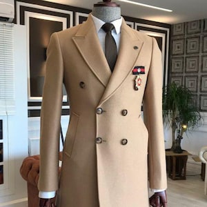 Men&#39;s Windproof Wool Beige Color Overcoat High-Quality Winter Outerwear, Breathable Tweed Trench Coat, Double-Breasted Long Jacket, Stylish