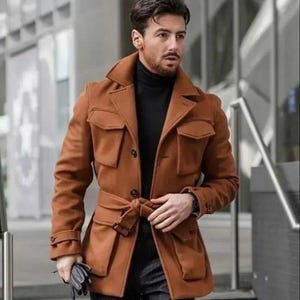 Men&#39;s Windproof Wool Four Pocket Overcoat High-Quality Winter Outerwear, Breathable Tweed Trench Coat, Double-Breasted Long Jacket, Stylish