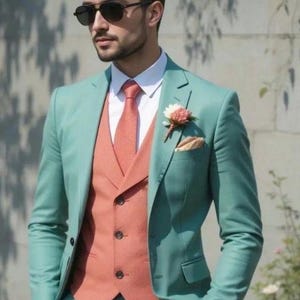 Bespoke- Light Green & Peach Color Three Piece Suit White Three Piece Wedding Tailored Groom Suit Slim Fit suit Customize Suit Luxury Tuxedo