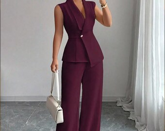 Bespoke- Women's Sleeveless Blazer & Straight-Leg Pants Two-Piece Set : Slim Fit office wear Party wear Casual  Women Pent Sleeveless Jacket