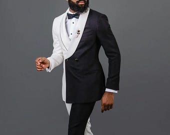 Bespoke Black & White Double Breasted Suit: Slim Fit Groomsmen Suit