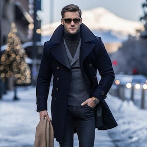 Men&#39;s Black Tweed Overcoat: Double-Breasted Wool Trench Coat