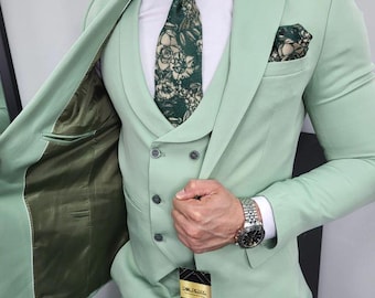Bespoke Light Green Wedding Suit: Handmade Slim Fit, Luxury Fabric, Groom Wear