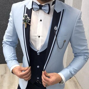 Bespoke Sky Blue Three Piece Suit: Slim Fit Wedding Tuxedo