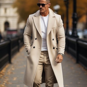 Men&#39;s Windproof Wool Beige Color Overcoat High-Quality Winter Outerwear, Breathable Tweed Trench Coat, Double-Breasted Long Jacket, Stylish