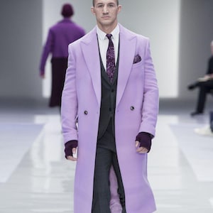 Men&#39;s Purple Wool Overcoat: Tweed Trench Coat, Double-Breasted Winter Jacket