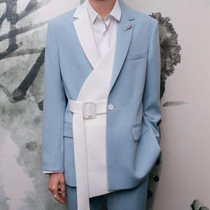 Sky Blue Double Breasted Suit: Tailored Slim Fit Wedding Suit