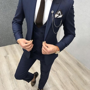 Bespoke- Luxury Navy Blue Three Piece Suit Navy blue Three Piece Tailored Groom Suit, Slim Fit suit, Customize Suit Navy Blue Luxury Tuxedo