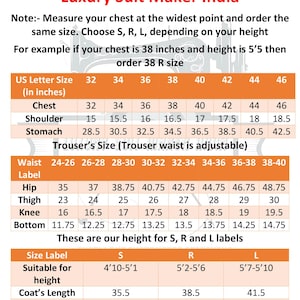 May include: A women's coat and trouser size guide, with measurements in inches. The chart details chest, shoulder, stomach, hip, thigh, knee, and bottom measurements, plus coat length, sleeve, and inseam length. Size labels S, R, and L are included, with corresponding height ranges.