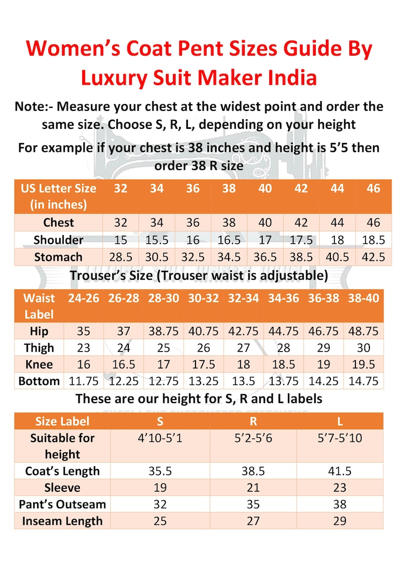 May include: A women's coat and trouser size guide, with measurements in inches. The chart details chest, shoulder, stomach, hip, thigh, knee, and bottom measurements, plus coat length, sleeve, and inseam length. Size labels S, R, and L are included, with corresponding height ranges.