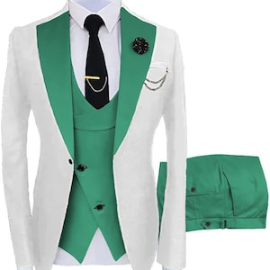 Bespoke-Luxury White & Light Green Three Piece Suit White Three Piece Wedding Tailored Groom Suit Slim Fit suit Customize Suit Luxury Tuxedo