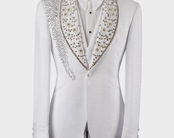 Bespoke- White Embroidered Groom Tuxedo With Silver Diamond Work : Luxury Three-Piece Suit
