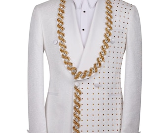 Bespoke- White Embroidered Groom Tuxedo With Golden Work : Luxury Three-Piece Suit