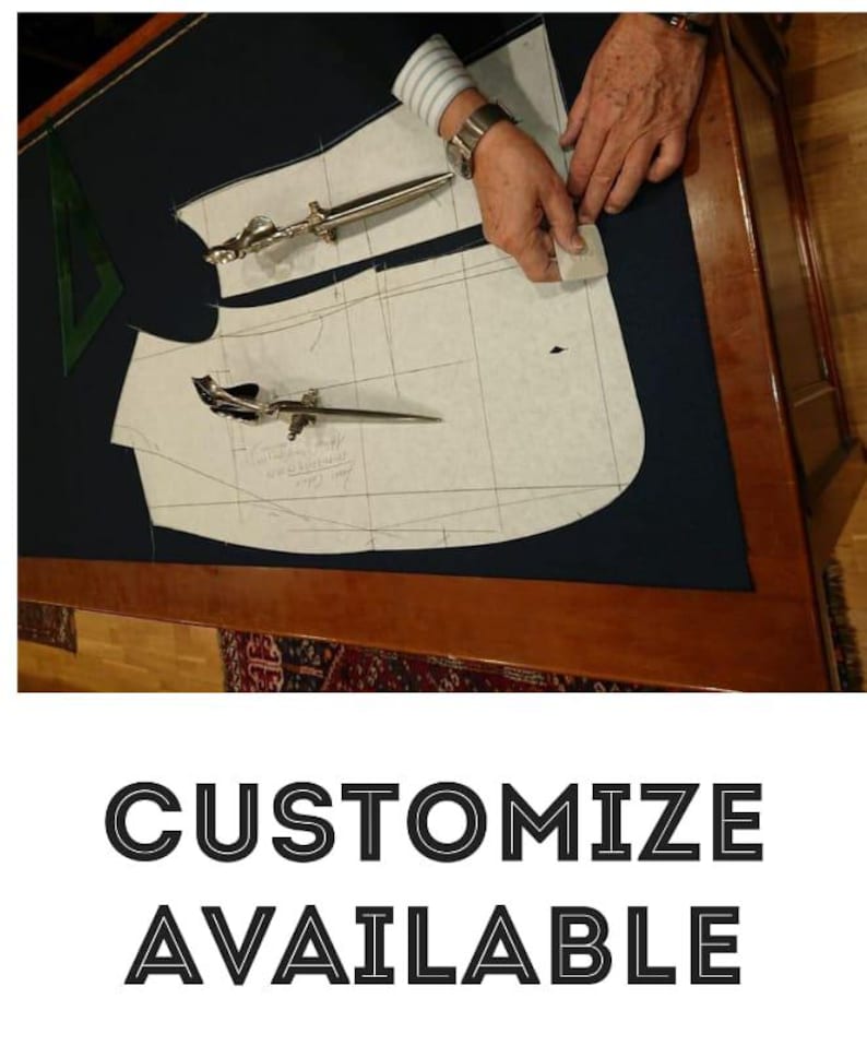 May include: A tailor's workspace with dark blue fabric, pattern pieces, and tools. Two silver seam rippers and a green set square are visible. The text "CUSTOMIZE AVAILABLE" is displayed below.