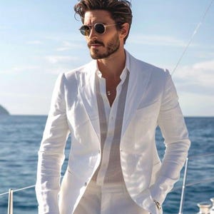 Bespoke Men&#39;s White Linen Two-Piece Suit with White shirt–Tailored Formal Suit Slim Fit Beach Party Prom Dinner Party & Summer Wear Linen