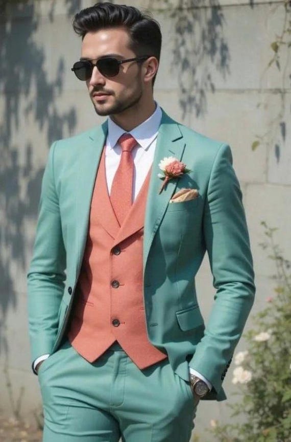 Bespoke Light Green & Peach Wedding Suit: Handmade Slim Fit Tuxedo Bespoke Light Green & Peach Wedding Suit: Handmade Slim Fit Tuxedo