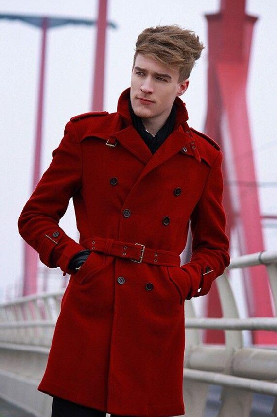 Men's Red Tweed Overcoat: Windproof Wool Trench Coat With Belt