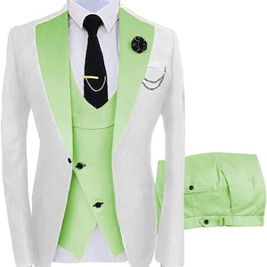 Bespoke- Luxury White & Light Green Three Piece Suit White Three Piece Wedding Tailored Groom Suit Slim Fit Customize Suit Luxury Tuxedo