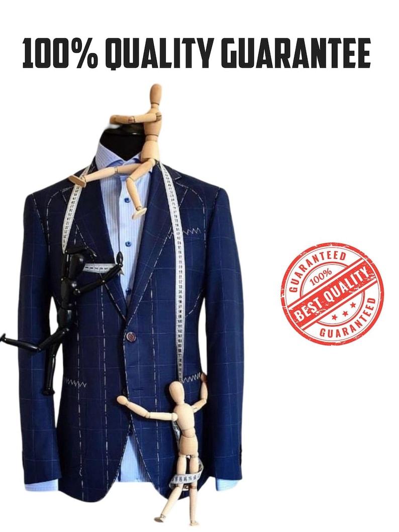 May include: A navy blue plaid suit jacket with a light blue dress shirt, white measuring tape, and wooden artist mannequins. The image includes the text "100% QUALITY GUARANTEE" and a red stamp that says "BEST QUALITY GUARANTEED".