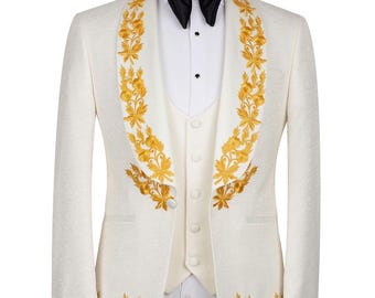 Bespoke- White Embroidered Groom Tuxedo With Golden Work : Luxury Three-Piece Suit