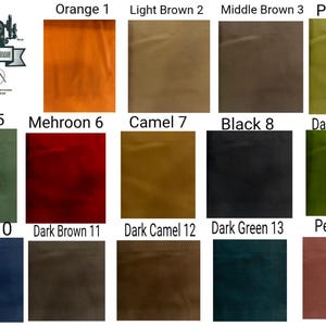 May include: A colour chart displaying 14 fabric swatches in diverse shades, such as orange, light brown, middle brown, pastel, green, maroon, camel, black, dark pastel, blue, dark brown, dark camel, dark green, and peach. A logo with a sewing machine is also present.