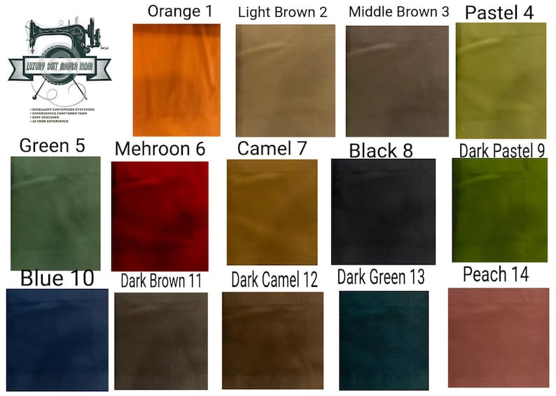 May include: A colour chart displaying 14 fabric swatches in diverse shades, such as orange, light brown, middle brown, pastel, green, maroon, camel, black, dark pastel, blue, dark brown, dark camel, dark green, and peach. A logo with a sewing machine is also present.