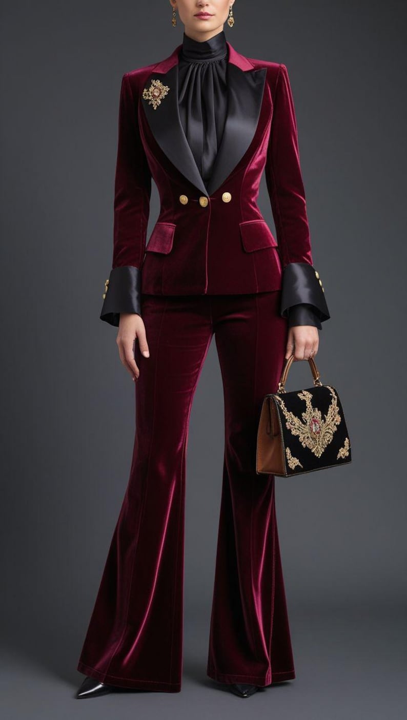 May include: A burgundy velvet suit with a black satin lapel and cuffs. The jacket has gold buttons and a decorative brooch. A black and gold handbag completes the ensemble. The trousers are flared.