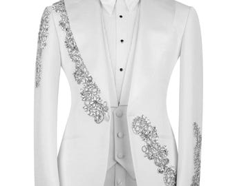 Bespoke- White Embroidered Groom Tuxedo With Silver Diamond Work : Luxury Three-Piece Suit