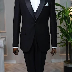 Bespoke Black Three-Piece Suit: Slim Fit Wedding Tuxedo