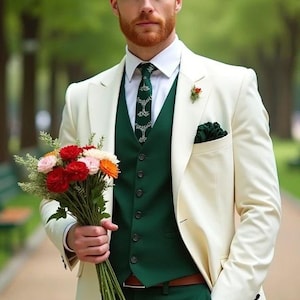 Bespoke- Luxury White & Green Three Piece Suit, White Three Piece, Wedding Tailored Groom Suit, Slim Fit suit, Customize Suit Luxury Tuxedo