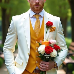 Bespoke- Luxury White & Dark Yellow Three Piece Suit, White Three Piece, Tailored Groom Suit, Slim Fit suit, Customize Suit Luxury Tuxedo