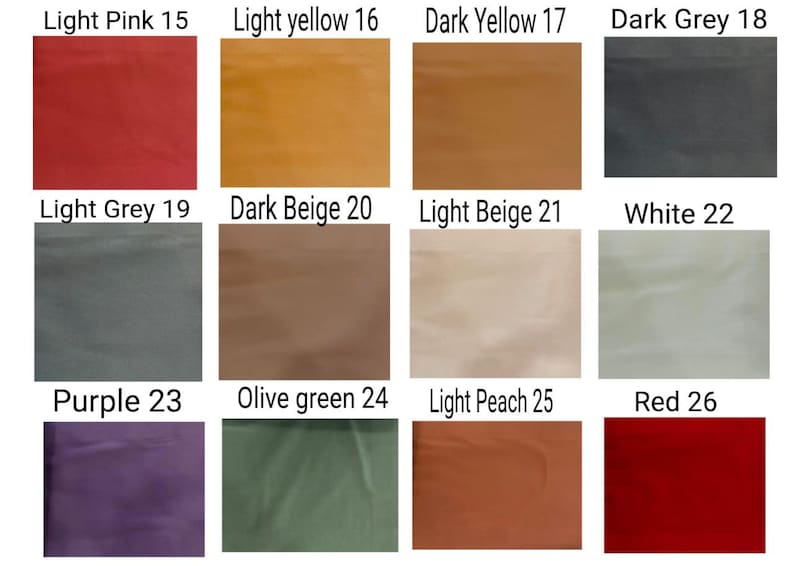 May include: A colour chart displaying a range of swatches. The chart includes colours like light pink, light yellow, dark yellow, dark grey, light grey, dark beige, light beige, white, purple, olive green, light peach, and red, each labelled with a number.