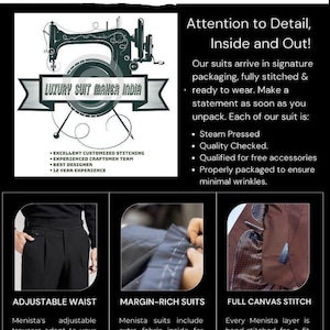 May include: An advert for Luxury Suit Maker India, showcasing a sewing machine graphic and text. Features include adjustable waist trousers, margin-rich suits, and full canvas stitch construction. The text highlights quality and craftsmanship.