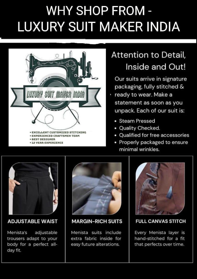 May include: An advert for Luxury Suit Maker India, showcasing a sewing machine graphic and text. Features include adjustable waist trousers, margin-rich suits, and full canvas stitch construction. The text highlights quality and craftsmanship.