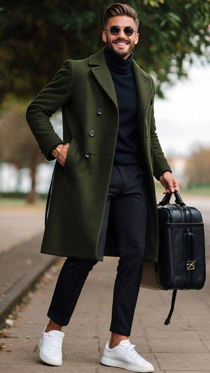 Men's Olive Green Wool Overcoat: Tweed Trench Coat, Double-Breasted Men's Olive Green Wool Overcoat: Tweed Trench Coat, Double-Breasted
