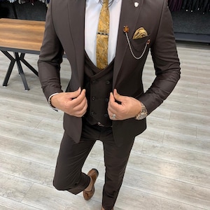 Bespoke Brown Three-Piece Suit: Slim Fit Wedding Suit, Handmade