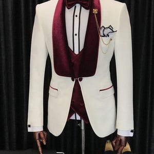 Bespoke- White & Red Brown Velvet Tuxedo, Tailored Groom Suits Customize Three piece suit wedding suit slim fit Luxury Tuxedo ,Velvet Tuxedo