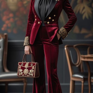 May include: A burgundy velvet suit with a black satin lapel and gold button details. The suit includes a blazer and flared trousers. The outfit is accessorized with a matching handbag with gold embroidery and a gold brooch.