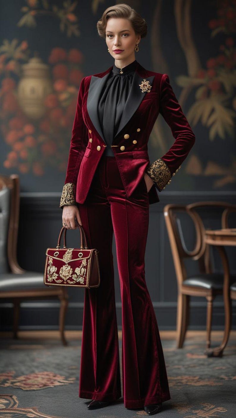 May include: A burgundy velvet suit with a black satin lapel and gold button details. The suit includes a blazer and flared trousers. The outfit is accessorized with a matching handbag with gold embroidery and a gold brooch.