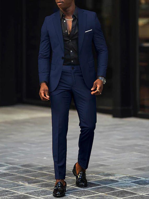 Bespoke Blue Two-piece Suit With Black Shirt: Slim Fit Prom & Beach Party -  Etsy New Zealand