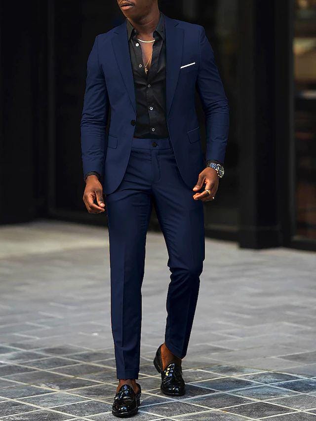 navy blue dress with black suit Navy Blue Prom Outfits Notch Lapel Slim Fit Men Suit main image 0