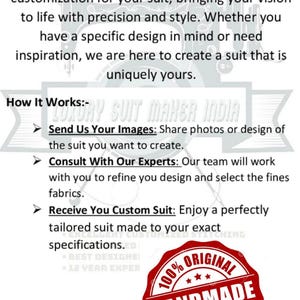 May include: An advertisement for bespoke suits. Text reads "Create your own custom-made Suit" and "Luxury Suit Maker India." The image includes a red "Handmade" seal and details on how to order a custom suit.
