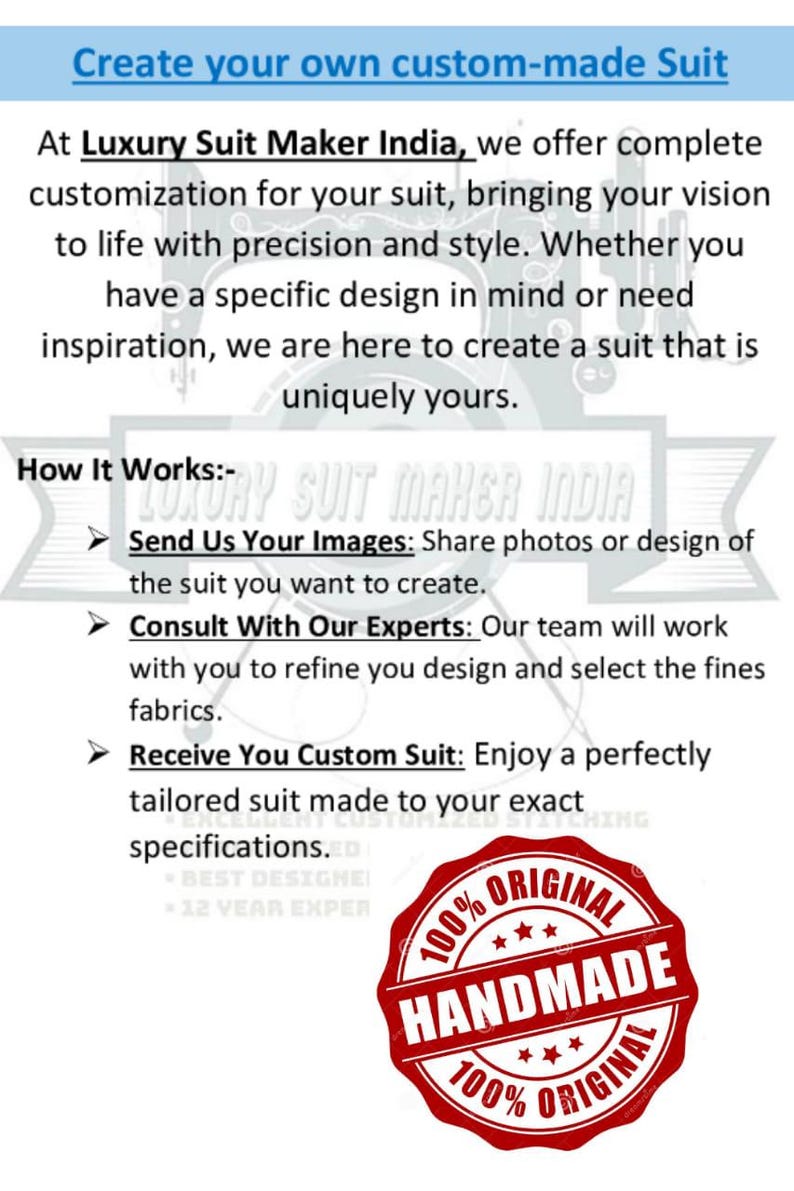 May include: An advertisement for bespoke suits. Text reads "Create your own custom-made Suit" and "Luxury Suit Maker India." The image includes a red "Handmade" seal and details on how to order a custom suit.