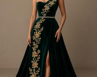 Bespoke-Luxury Emerald Green Velvet Evening Gown with Golden Swarovski   Embroidery Evening Dress Royal Embroidered Gown Wedding Bridal Gown