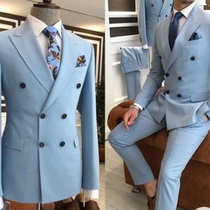 Sky Blue Double Breasted Suit: Slim Fit Wedding Groom Suit