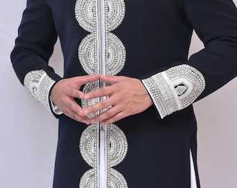 Embroidered Navy Blue Indowestern Suit: Bespoke Groom Wedding Outfit