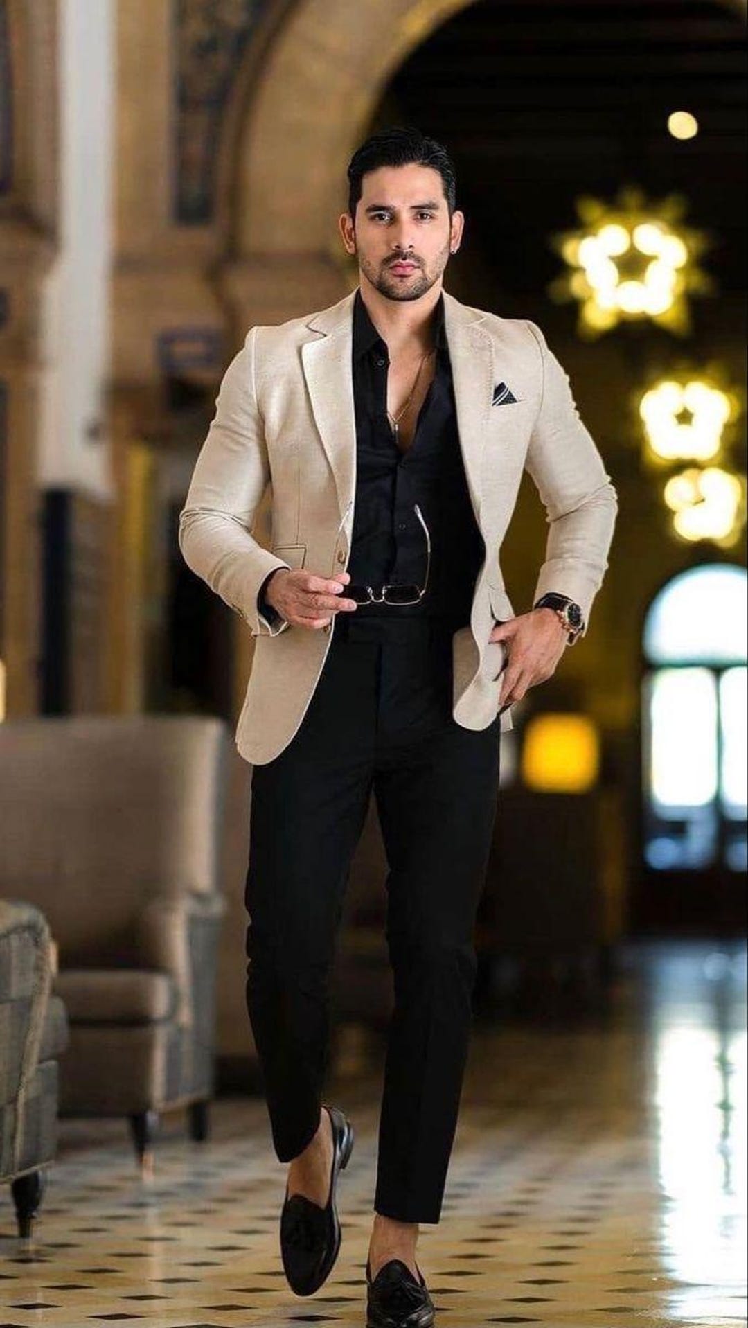 Bespoke Beige Two-Piece Suit with Black Shirt: Slim Fit Formal Wear